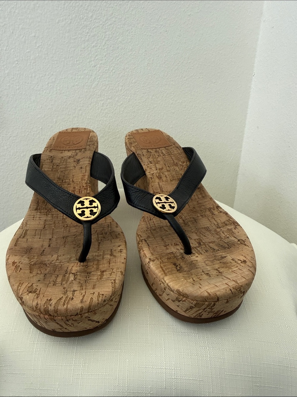 Tory Burch Black Leather Cork Wedge Thong Sandals with Gold Logo
